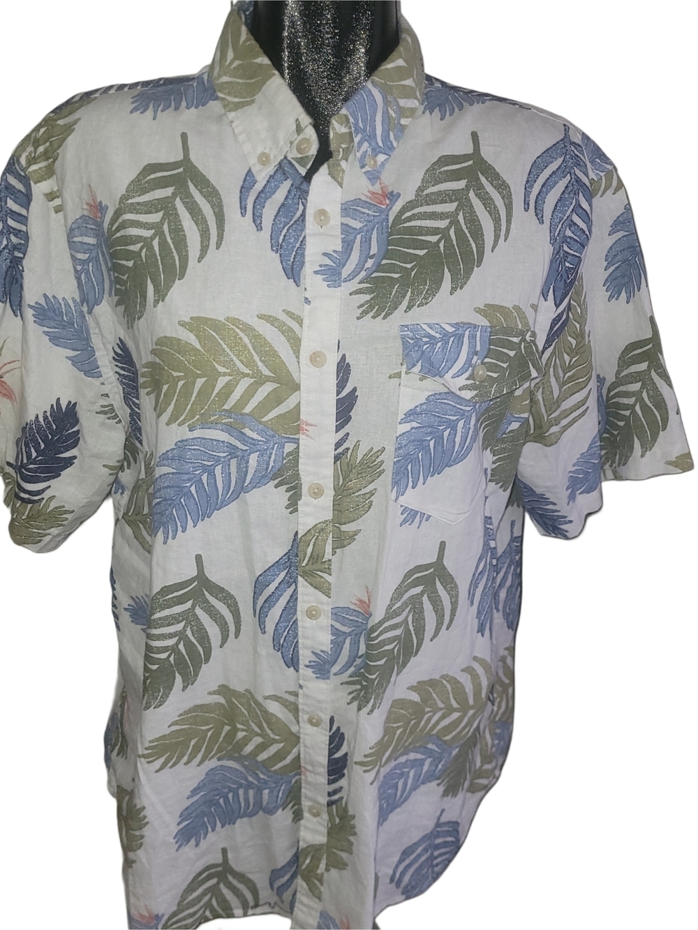 Old Navy Men's Linen Blend Tropical Leaf Print Button Up Short Sleeve Shirt XL